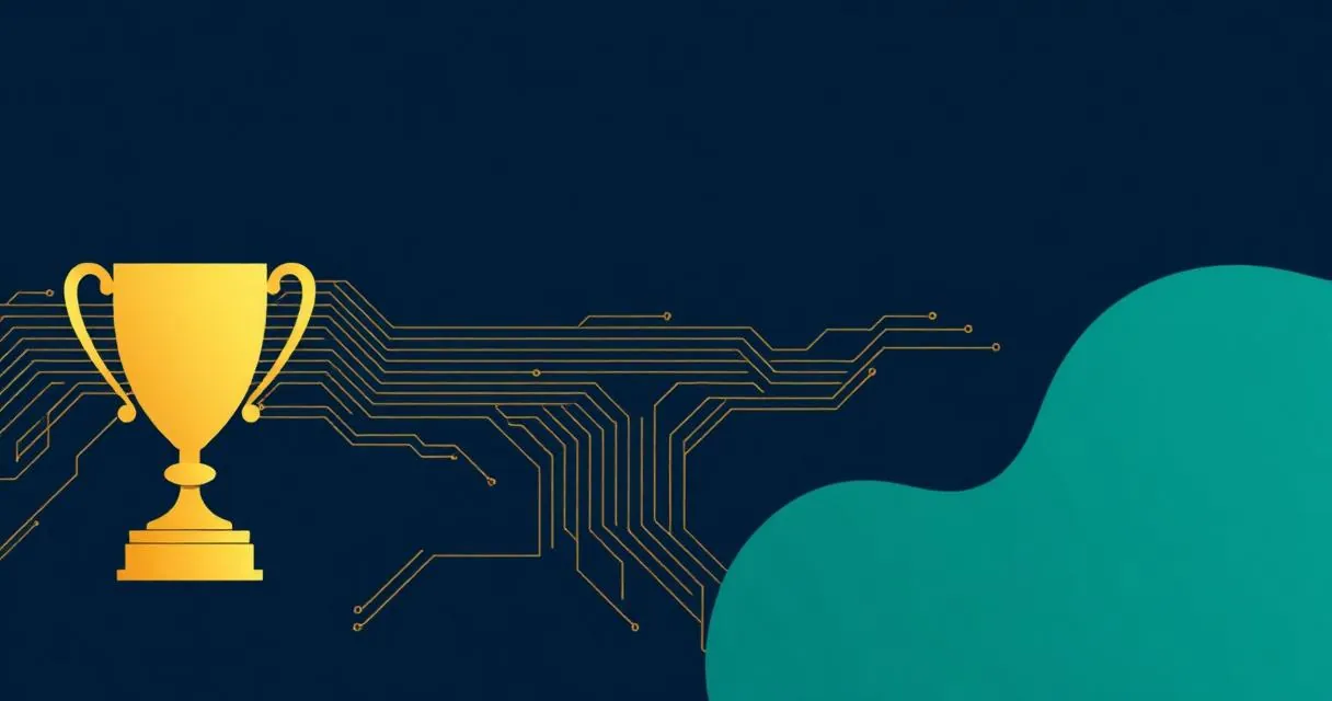 Stylised golden trophy on a navy circuit-board background representing the AIBEST tech awards