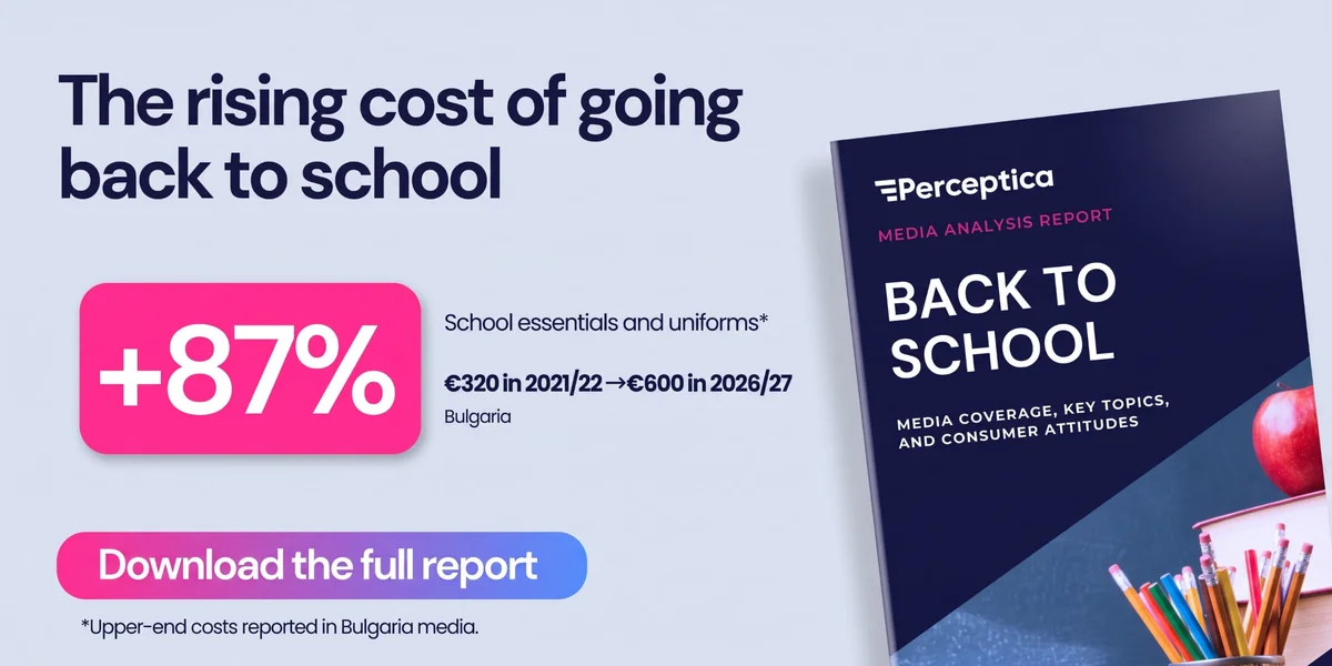 Back to School 2026 - Perceptica media analysis report cover showing an 87% rise in school essentials and uniform costs in Bulgaria