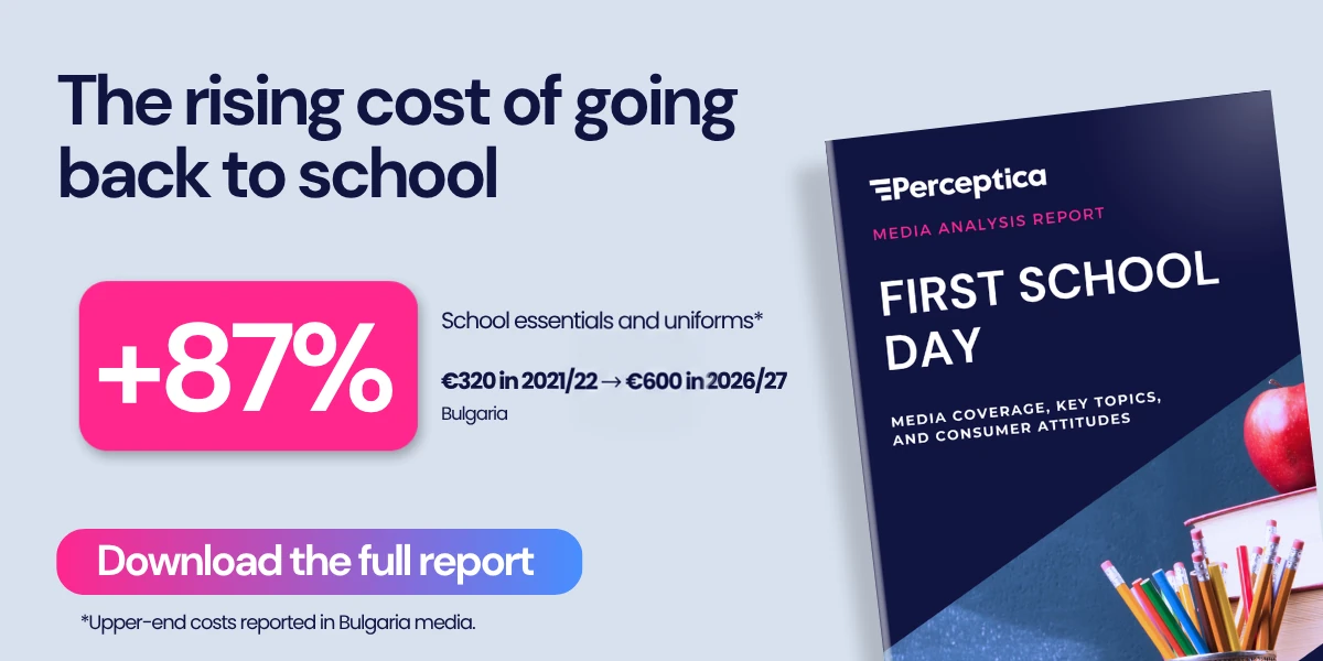 Back to School 2026 - Perceptica media analysis report cover showing an 87% rise in school essentials and uniform costs in Bulgaria