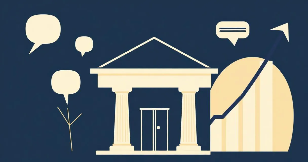 Editorial illustration of a stylised bank facade with speech bubbles and a rising trust-line graph