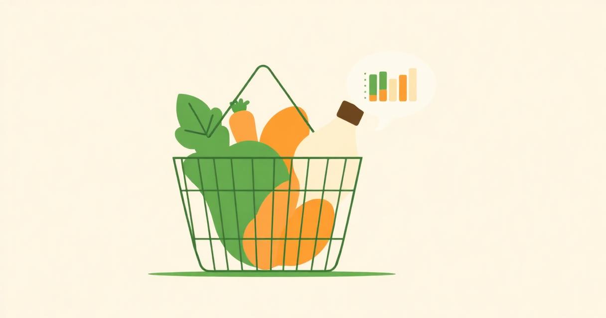 Editorial illustration of a grocery basket with a speech bubble showing a small bar chart
