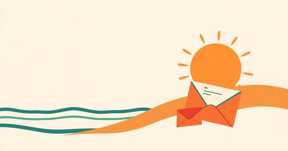 Editorial illustration of sun, sea and a postcard envelope evoking tourism communications