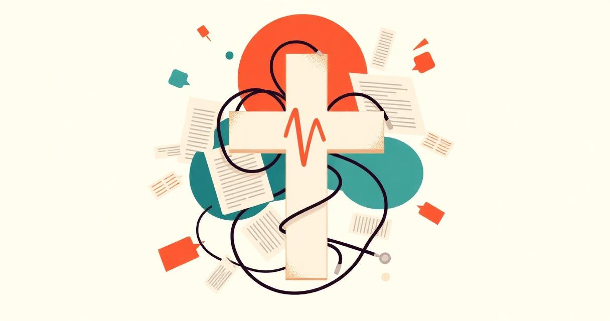 Editorial illustration of a medical cross tangled with news scraps and speech bubbles