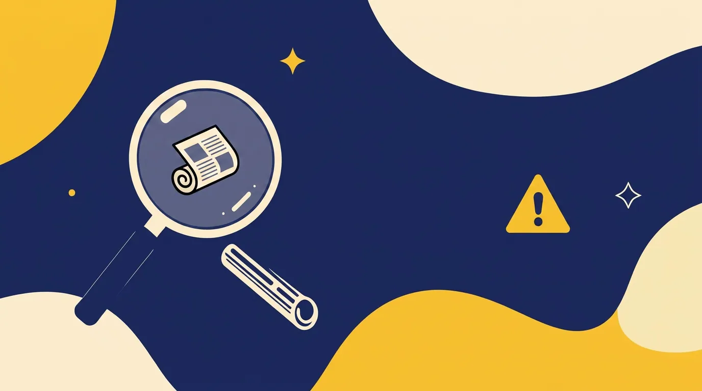 Editorial illustration of a magnifying glass over a rolled newspaper next to a warning triangle